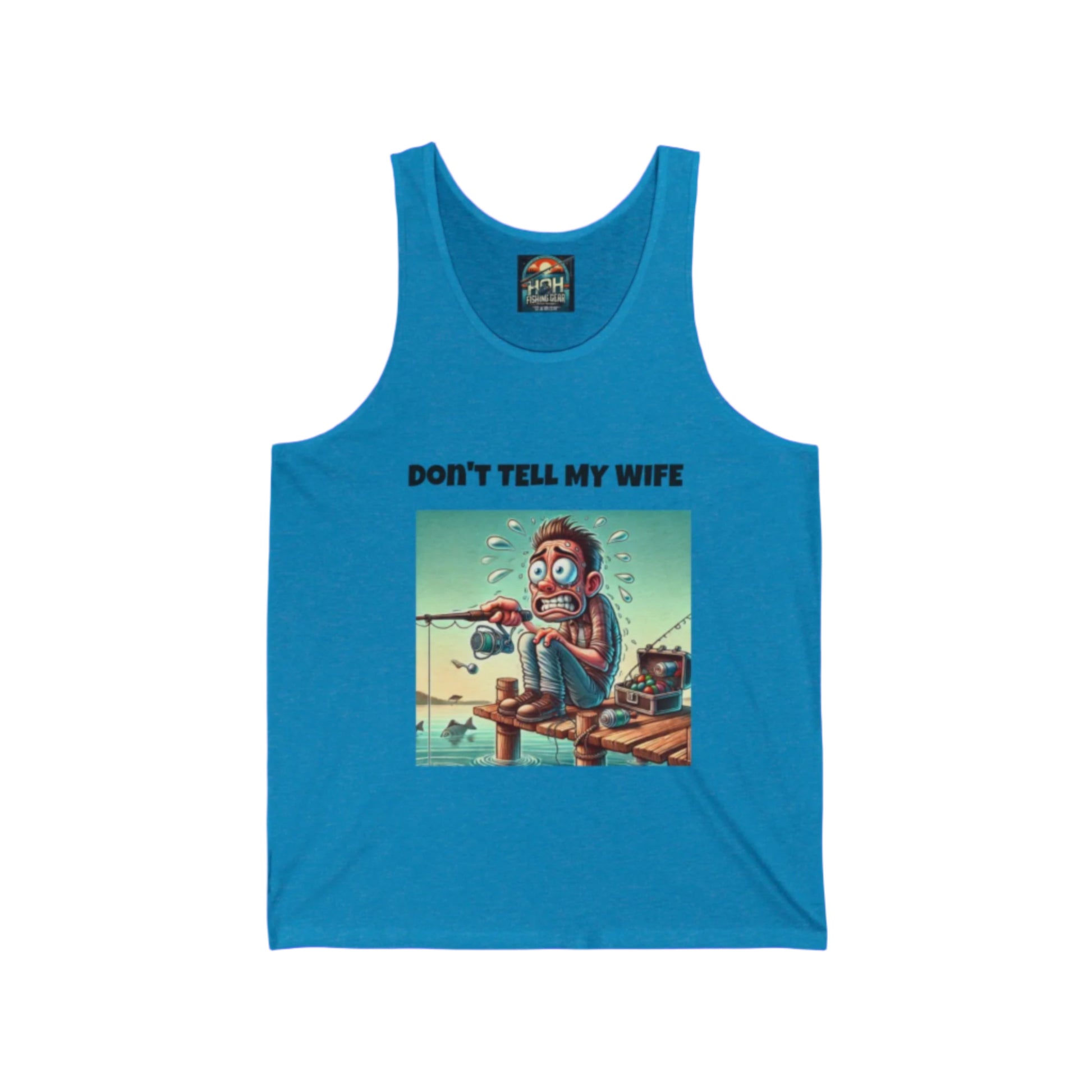 Teel tank top with the text 'Don't Tell My Wife' in bold, white lettering across the front. Perfect for fishing enthusiasts with a sense of humor, combining comfort and wit in a casual style.