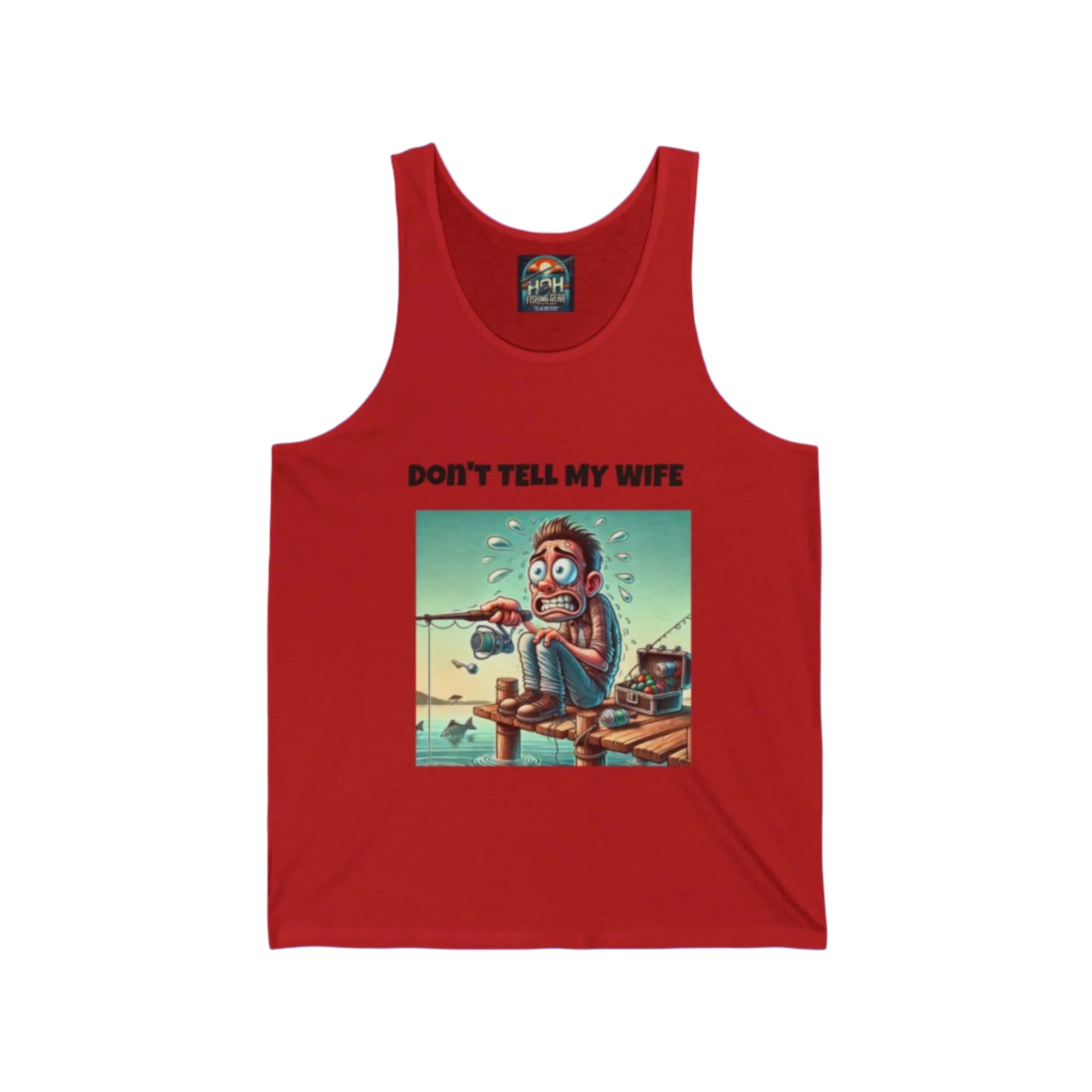 Funny fishing tank top for men featuring a nervous fisherman cartoon graphic and bold black text that reads 'Don't Tell My Wife.' Perfect fishing apparel for anglers, outdoor enthusiasts, and fans of humorous fishing clothing.