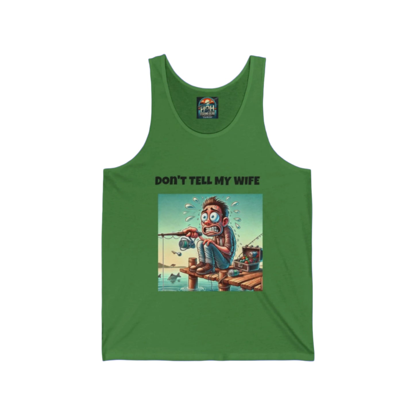 Funny fishing tank top for men featuring a nervous fisherman cartoon graphic and bold black text that reads 'Don't Tell My Wife.' Perfect fishing apparel for anglers, outdoor enthusiasts, and fans of humorous fishing clothing.